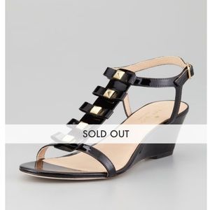 Kate Spade Darcey Black Leather Bow Studded Wedge Sandals 7 1/2